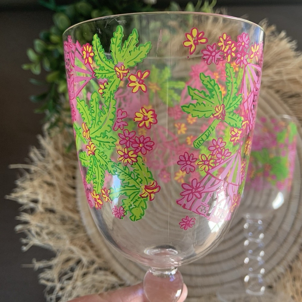 LILLY PULITZER Cabanarama Acrylic Bubble Stem Wine Glasses Set Of 2 Pink Green - Picture 3 of 10